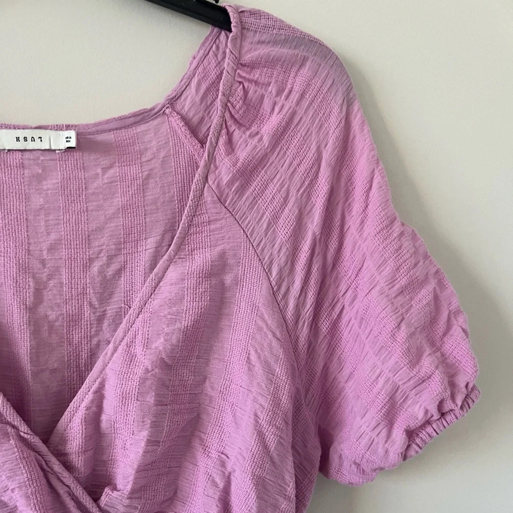 Women’s Resortwear Pink Cotton Puff Sleeve Wrap Tiered Pink Purple Mini Dress - Picture 10 of 12